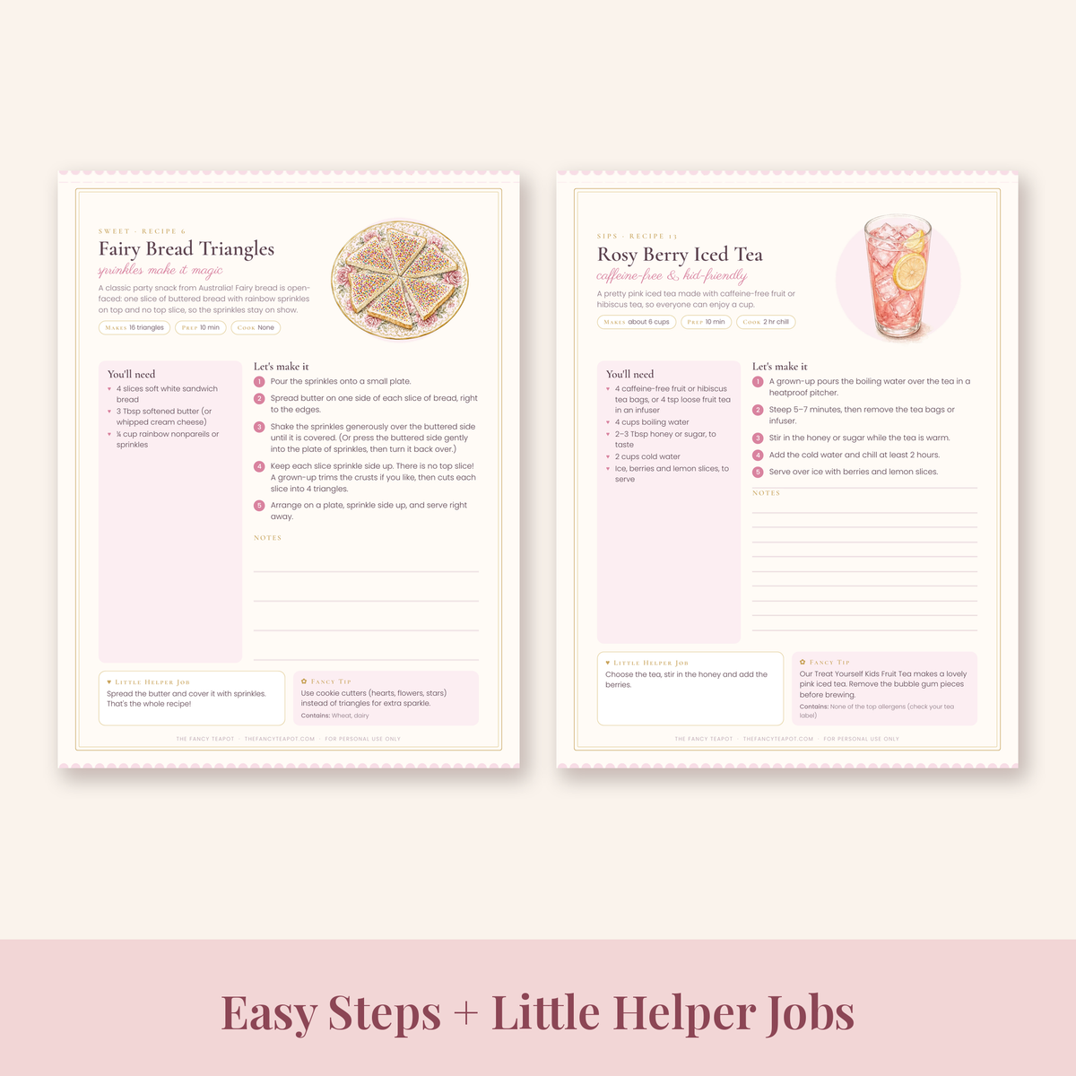 Fairy Bread Triangles and Rosy Berry Iced Tea printable recipe pages with Little Helper jobs