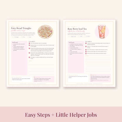 Fairy Bread Triangles and Rosy Berry Iced Tea printable recipe pages with Little Helper jobs