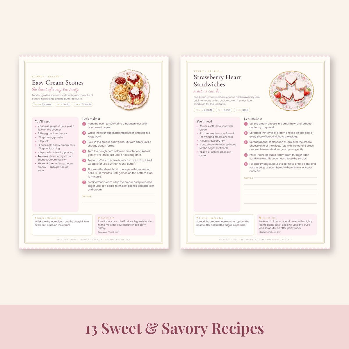 Inside the kids' tea party cookbook: Easy Cream Scones and Strawberry Heart Sandwiches recipe pages