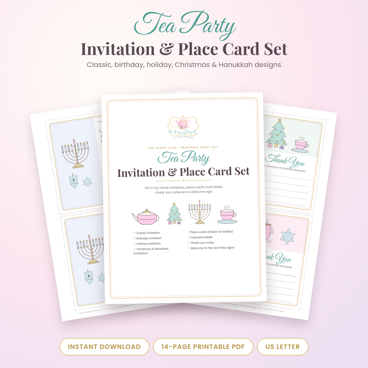 Tea Party Invitation & Place Card Set printable cover with teapot, Christmas tree, menorah and teacup designs