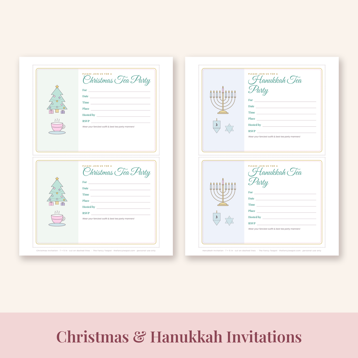 Christmas and Hanukkah fill-in tea party invitation printable pages
