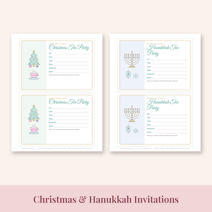 Christmas and Hanukkah fill-in tea party invitation printable pages
