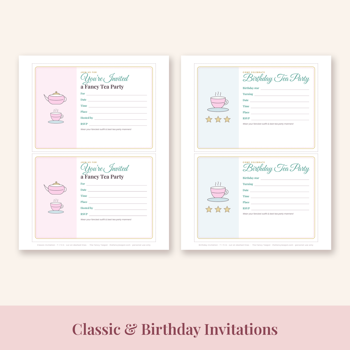 Classic and birthday fill-in tea party invitation printable pages