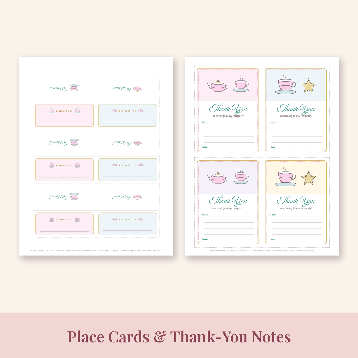 Printable tea party tent place cards and thank-you notes