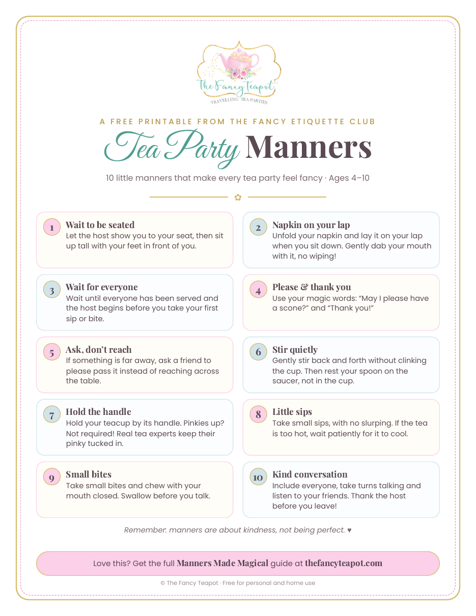 Preview of the free Tea Party Manners printable